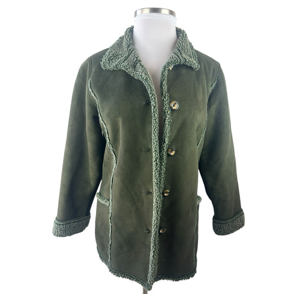 L.L. Bean Womens Medium Sherpa Fleece Lined Green Coat Jacket Button Front - Picture 14 of 14